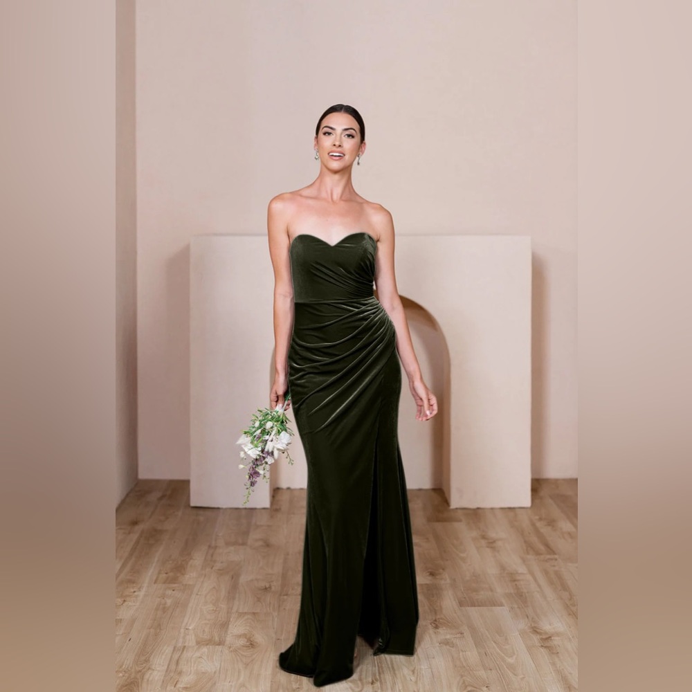 Revelry Bridesmaids Dress Olive 612 Ariel Convertible Strapless Size 16 Velvet